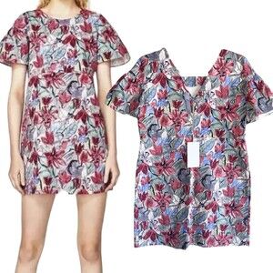 Zara Mini Dress Size L Ruffles Short Sleeves Red Floral Watercolor A Line V Neck